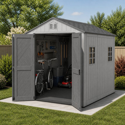 Abri de jardin en PEHD de 1,9 m de large x 2,6 m de profondeur, avec support métallique et portes doubles prêtes pour cadenas