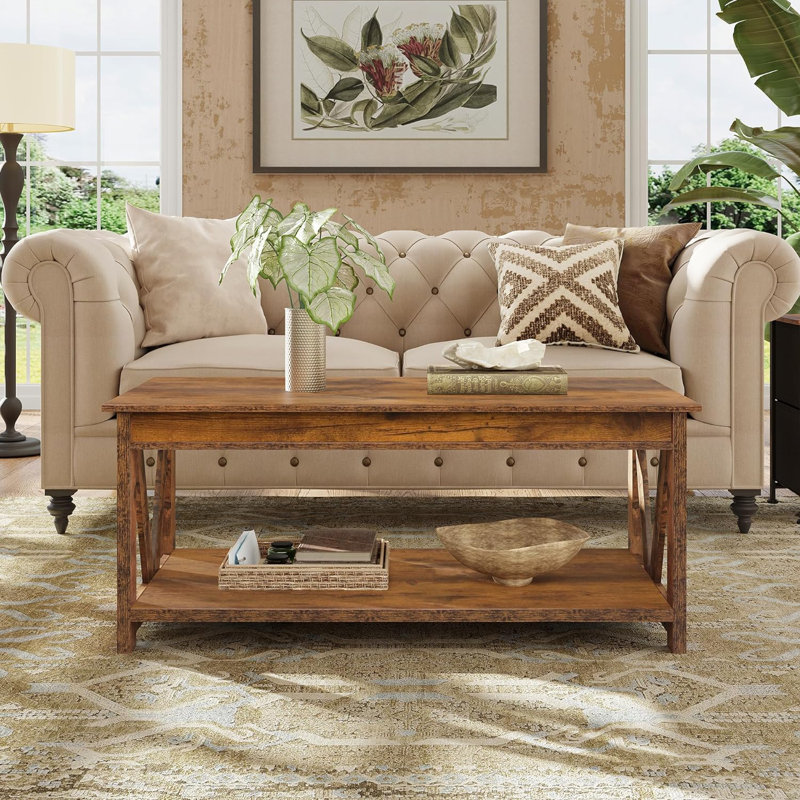 Eoghan Farmhouse Coffee Table with Storage Shelf, Rustic Wood Square Coffee Table with X-Frame Base for Living Room