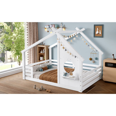 Lit double pour enfants avec fenêtre et petite tablette, lit en bois massif avec toit en forme de maison, sans sommier, blanc