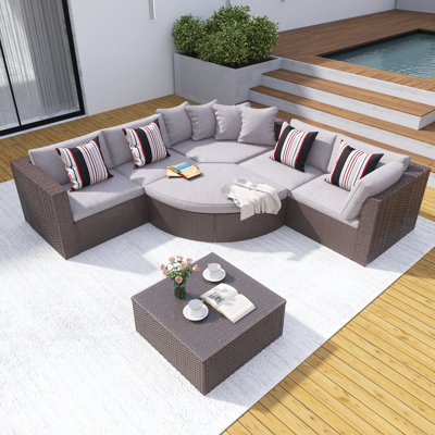 7-Piece Outdoor  Brwon Wicker Sofa Set, Rattan Sofa With 4 Colorful Pillows,Table,Cushions,Storage And Conversation Sofa