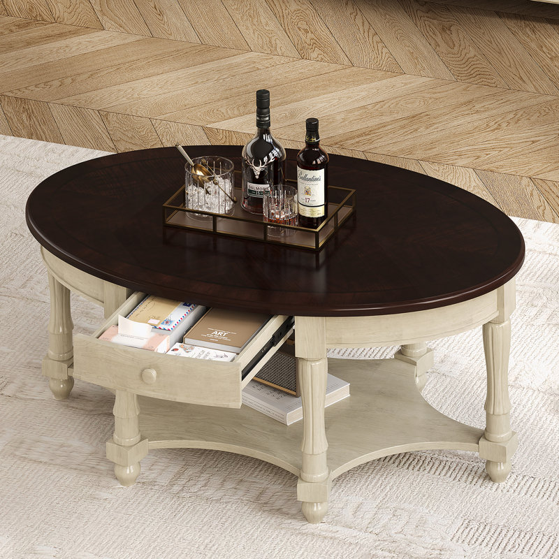 Table basse ovale vintage avec tiroir et étagère de rangement, table de cocktail antique de 45 po, table d'appoint de style champêtre français pour le salon, beige et espresso