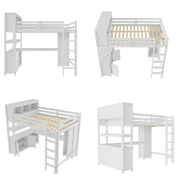 Harriet Bee 93.7" Queen Size Loft Bed With Wardrobe, L-Shaped Desk ...