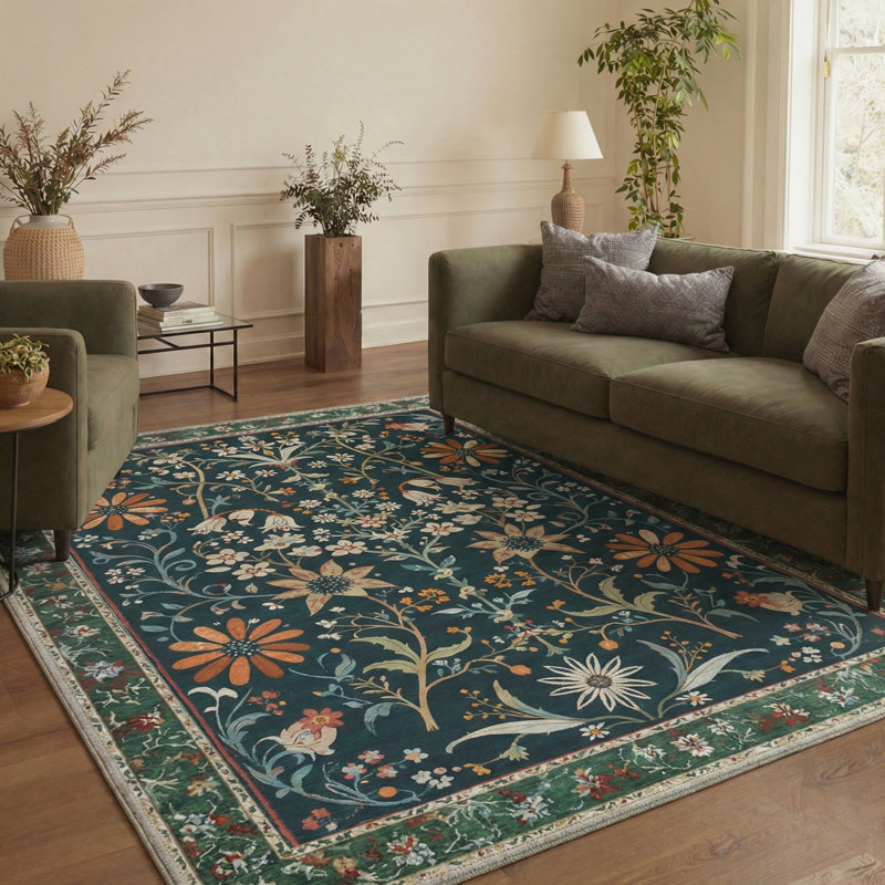 Tapis d'intérieur vert / orange / beige lavable à la machine Aasen Florette avec envers antidérapant, Rectangle 9' x 12'