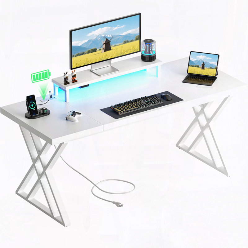 Gaming Desk with USB Charging Station – LED Lights, Monitor Riser, X-Frame, White