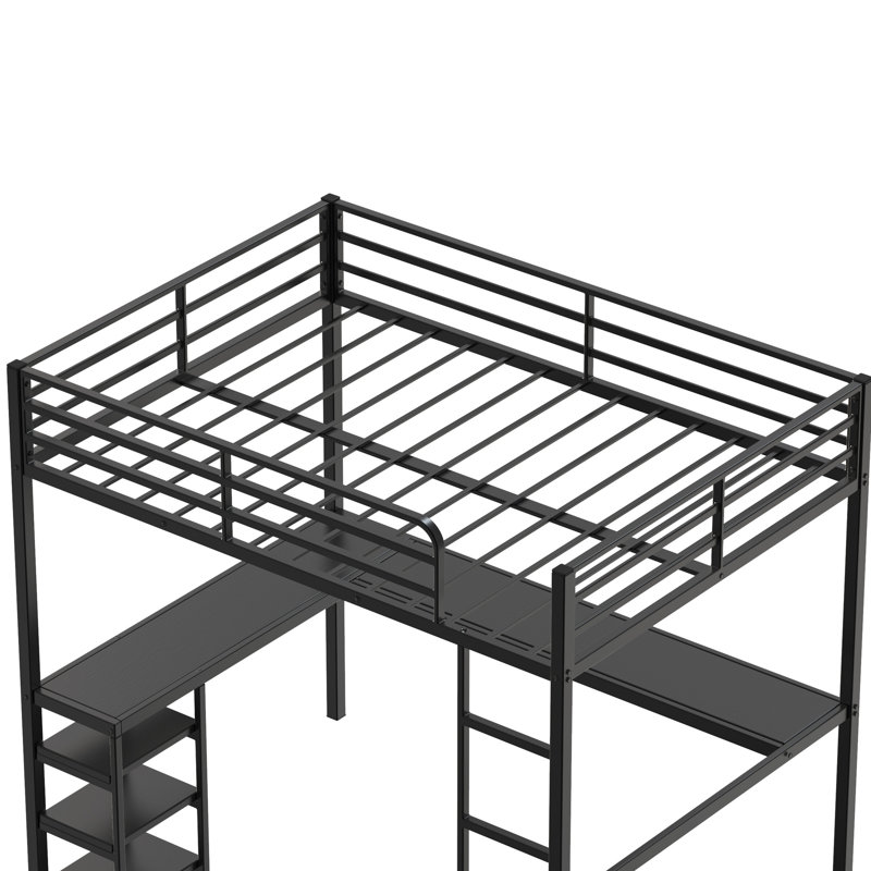 Lit mezzanine double noir avec bureau rétro et tablettes, environnement de sommeil calme et stable