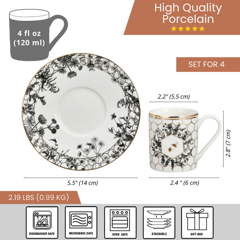 Harmony Bone China Espresso Cup with Saucer Set for 4 pers