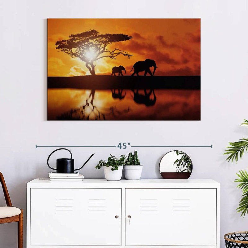 Brampt Elephant Silhouettes At Sunset, 26" H x 39" W