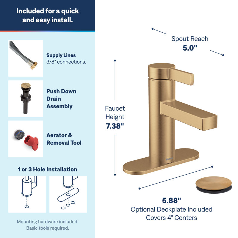 Robinet de salle de bain monocorps et monocommande à un trou avec ensemble de drain Moen Beric, plaque optionnelle incluse