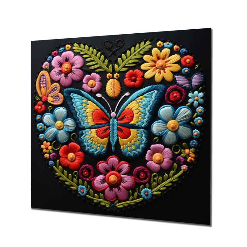 Motif floral broderie boho Papillon, Métal métal, H 16 po x l 16 po x P 1 po