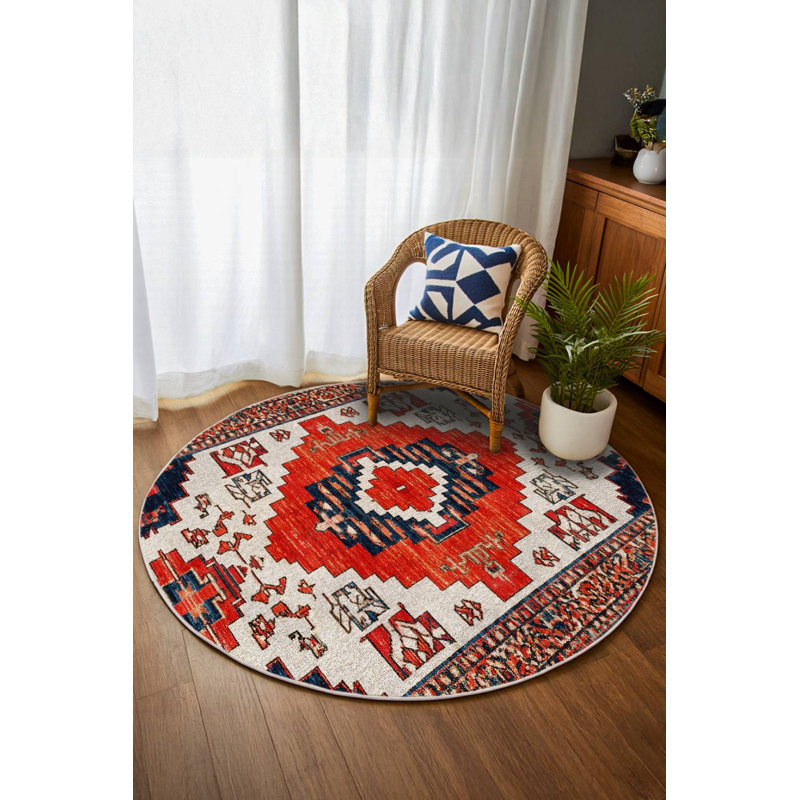 Otasna Collection Digital Print Cotton-Polyester Red Moroccan Rug, Round 3'4"