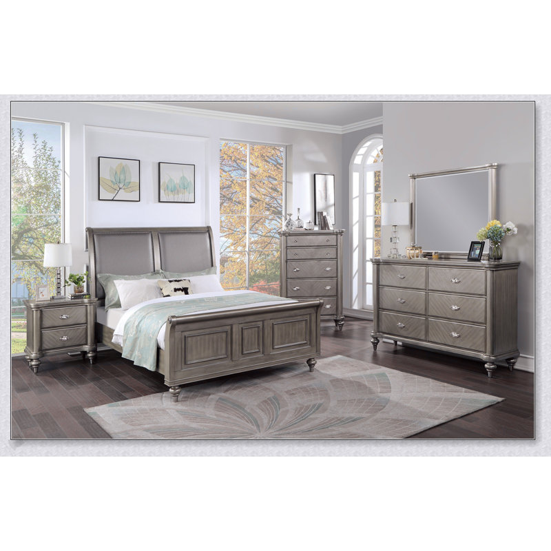 Commode 5 tiroirs Luxury Classic avec finition argent antique / champagne, beaucoup de rangement pour l'élégance et l'organisation de la chambre à coucher