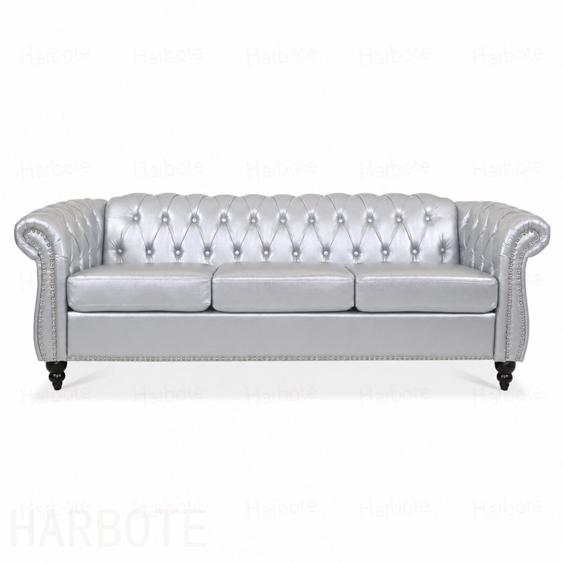 Canapé Chesterfield à accoudoirs roulés 3 places, Polyuréthane - argent