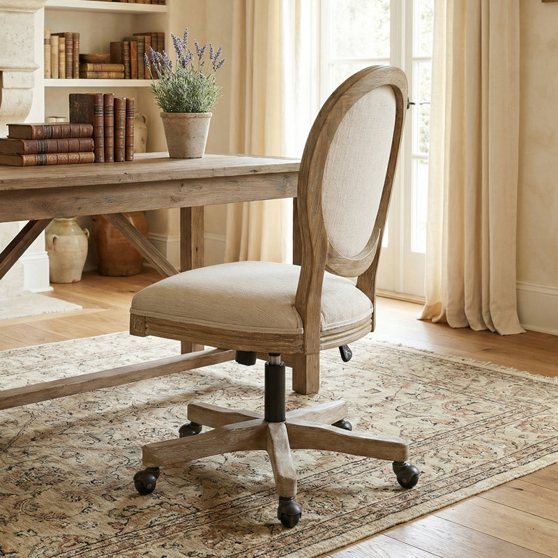 Chaise de bureau pivotante et réglable en hauteur en bois d'hévéa French Country