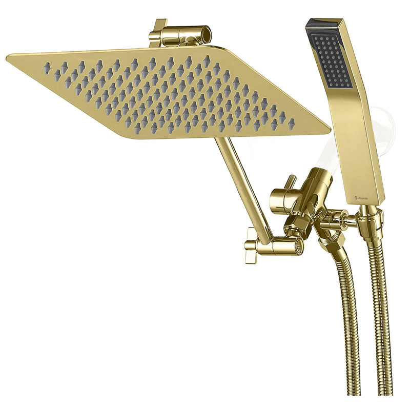 10" Dual Square Shower Head, 3-Way Diverter, 71" Extra Long Hose, Polished Brass