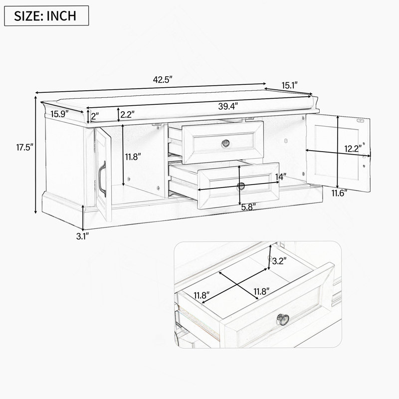 Banc de rangement avec 2 tiroirs et 2 armoires, banc à chaussures avec coussin amovible, banc d'entrée, Gris délavé