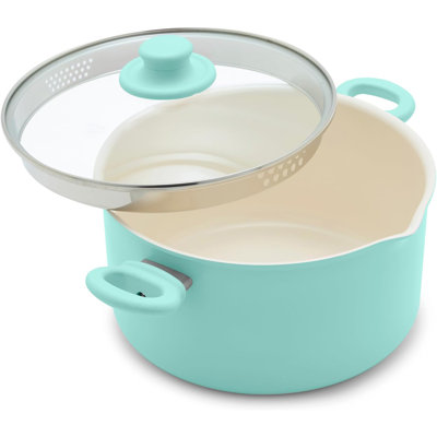 6 Quart PFAS-Free Ceramic Nonstick Stock Pot with Straining Glass Lid, Turquoise Multipurpose Cooking Pot with Pour Spout & Soft Grip Stay-Cool Handles, Dishwasher & Oven Safe for Soup Sauce Milk Pasta