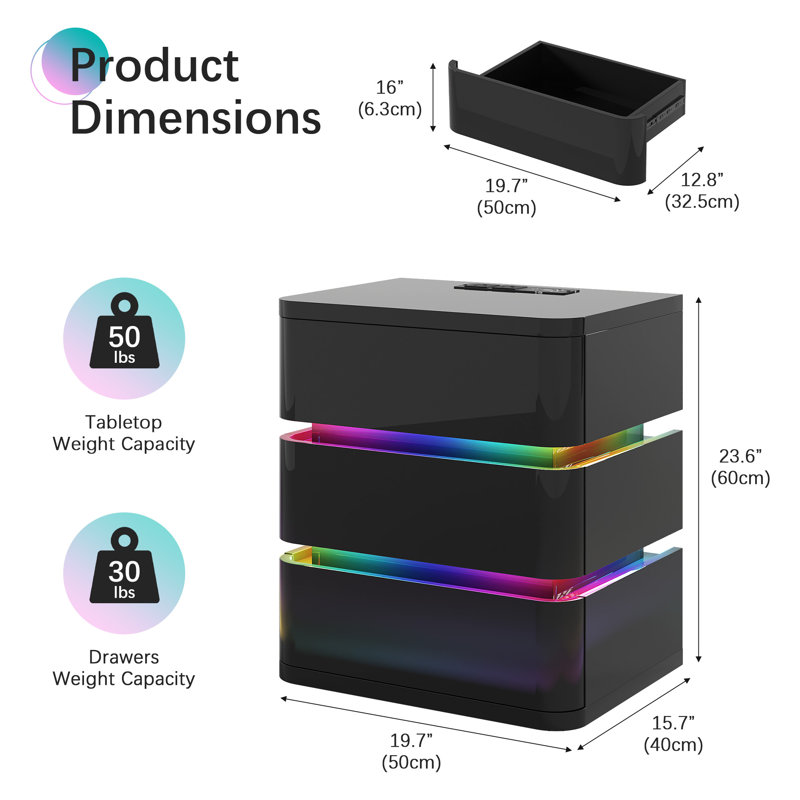 3-Drawer Nightstand With Charging Station And Motion Sensor Rgb Light, Curved Profile Design, No Assembly Required, Black