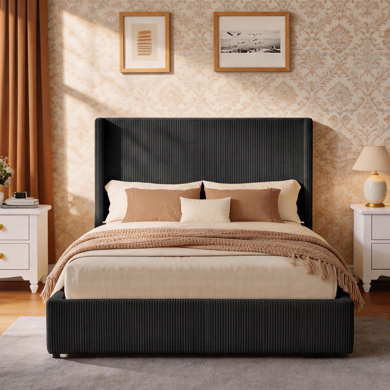 Black Corduroy Platform Bed Frame with 4 Storage Drawers, King