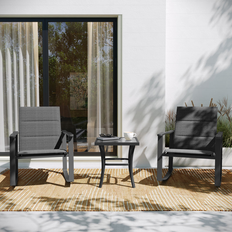 Ensemble bistro avec chaise berçante d'extérieur 3 pièces Killona, Noir