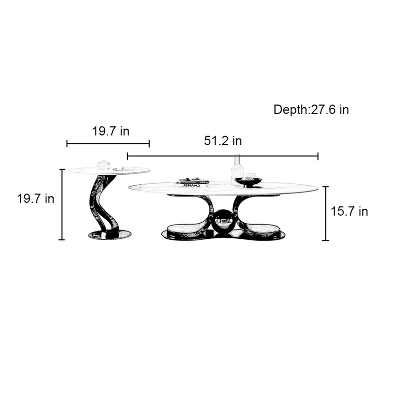 Table basse moderne simple ovale, H 15,7 po x L 51,2 po x l 27,6 po, Titane noir