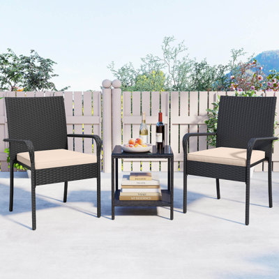 3 PCS Patio Furniture Set with 2-Tier Table Tempered Glass Tabletop & Soft Cushions Brown