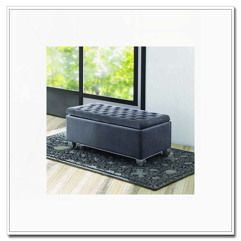 Gray Velvet Storage Bench with Button Tufting
