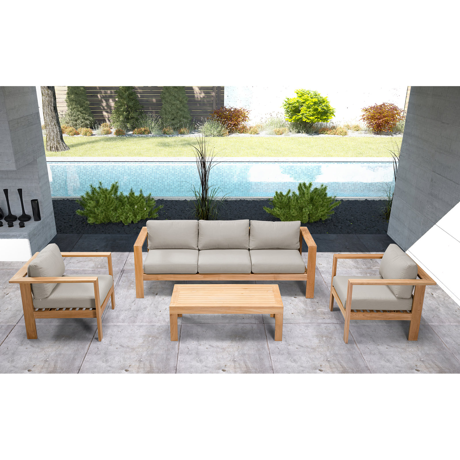 Sonoma Teak 5 - Person Patio Conversation Set with Cushions, Cast Silver Sunbrella®