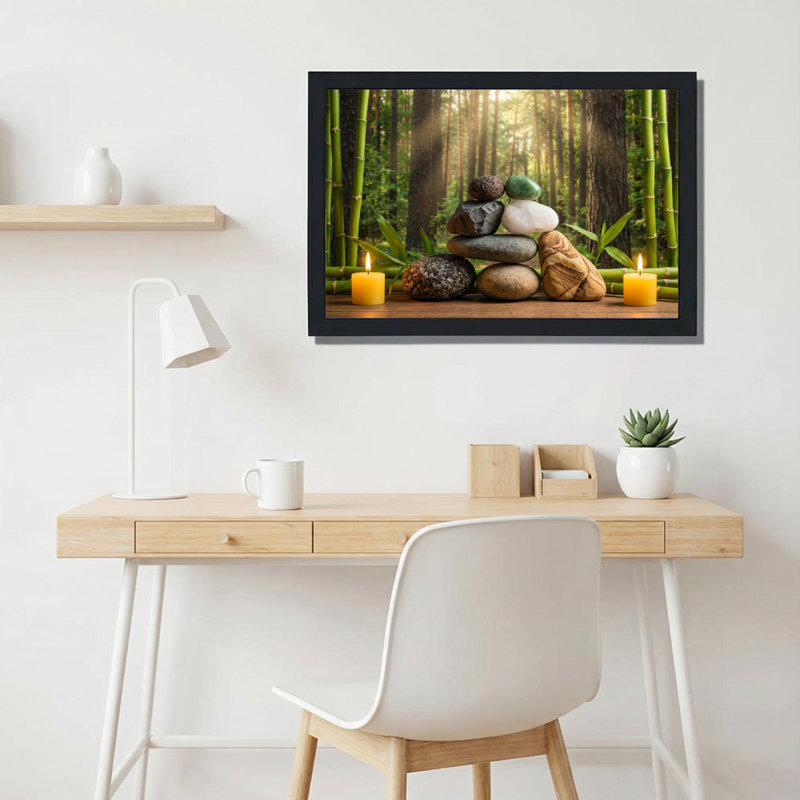 Ensemble de 1 tableau mural sur toile tendue représentant une forêt de bambous, des pierres zen et des bougies