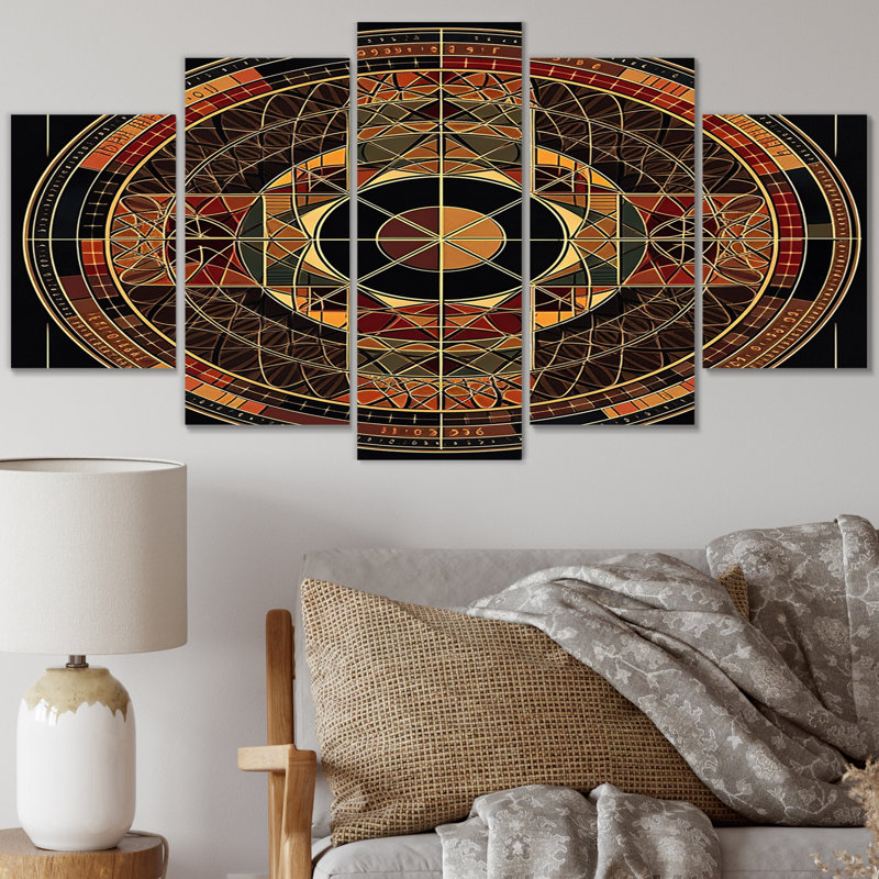 Illustration de mandala sacré mystérieux rétro II - art mural géométrique moderne - 5 panneaux