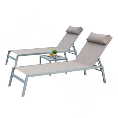 Patio Chaise Lounge Set Of 3, Aluminum Lounge Chairs With 5 Adjustable Positions, Outdoor Chaise Lounge For Pool, Deck, Garden, Backyard, Sunbathing (Khaki, 2 Lounge Chairs+1 Table)