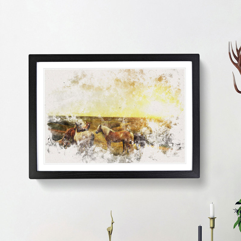 Sunset over the Horses Watercolour - Picture Frame Graphic Art Print, 40cm H x 60cm W x 2cm D, Black Framed