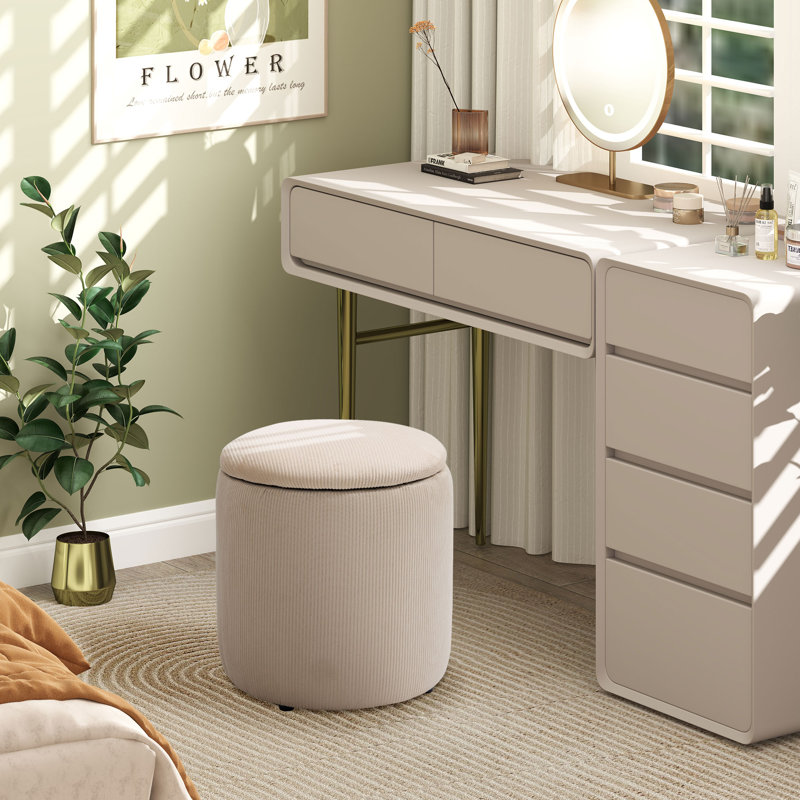 40cm Wide Round Solid Colour Footstool Ottoman with Storage, White