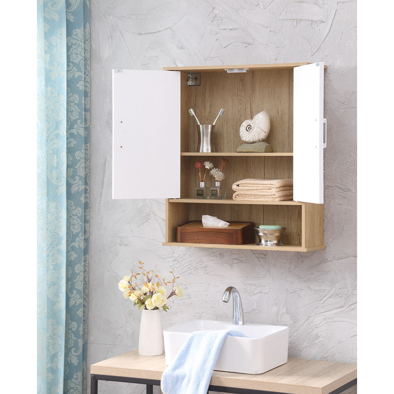 Bathroom Wall Cabinet with Double - Door, Bottom Shelf, Wavy - Patterned Doors, Adjustable Inner Shelf, Easy Installation, Natural Wood