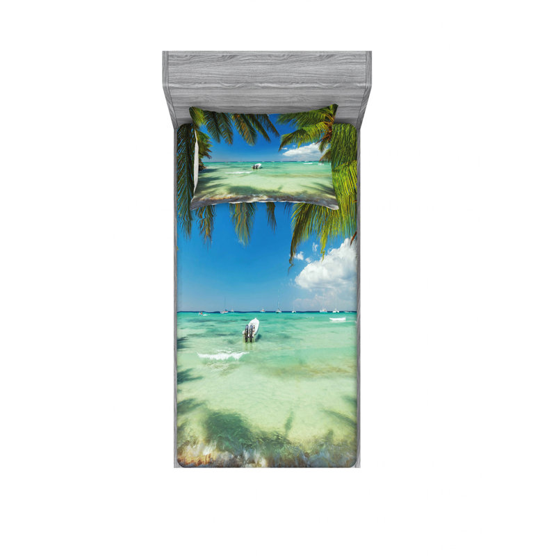 Ensemble de draps à motif de mer surréaliste entourée de palmiers, Ensemble de draps pour lit simple TG avec drap-hou