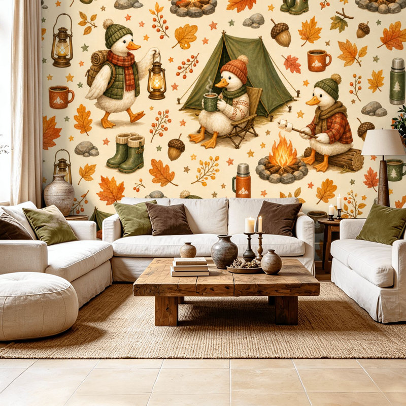 Papier peint adhésif auto-adhésif moderne pour la chambre à coucher avec tentes de camping canards d'automne