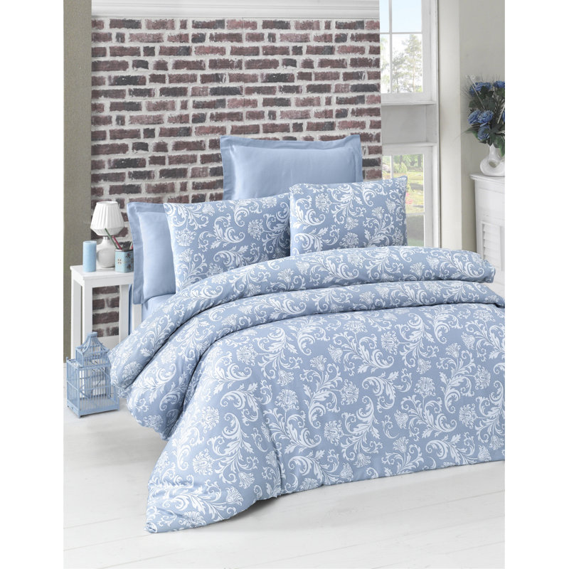 Ensemble de housse de couette 100% satin de coton, bleu et blanc | Housse de couette 55,1 po x 78,7 po, taie d'oreiller 23,6 po x 27,6 po | 210 fils au pouce carré, lavable en machine à 104 ° F | Conception élégante avec fermeture à boutons, sensation douce et luxueuse