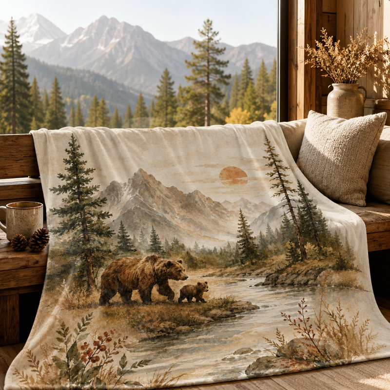Jeté en flanelle Sunset Bear and Cub avec ruisseau Mountain, forêt de pins et prairie d'automne