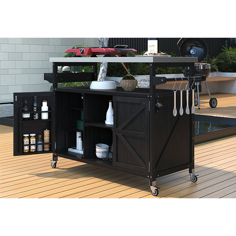 Îlot de cuisine extérieur, chariot à roulettes et armoire de rangement, table de barbecue d'extérieur en bois massif avec plateau en acier inoxydable, support à épices, porte-serviettes pour la cuisine et le barbecue