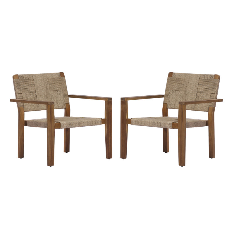 Fauteuil club d'extérieur en bois d'acacia Braeton Contemporary Coastal, Corde naturelle / finition brune