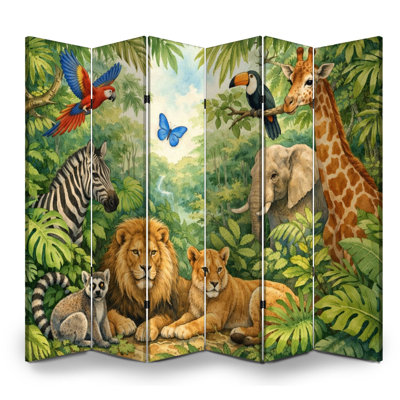 Cloison pliante 6 panneaux paravent jungle tropicale royale girafe zèbre lions éléphant feuillage chambre de bébé toile séparateur autoportant cloison de protection