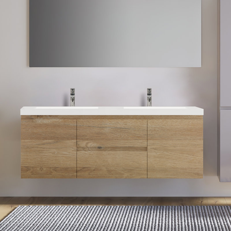 Meuble-lavabo double 59 po avec comptoir Ellswerth, Chêne naturel
