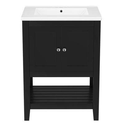 Meuble-lavabo contemporain de 24 po avec lavabo en céramique élégant, structure en bois massif et tablette ouverte