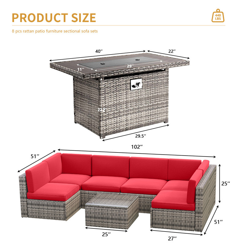 6 - Person Outdoor Seating Group with 44 Inch Fireplace Table, Patio Sectional Sofa Set , Gray, Red