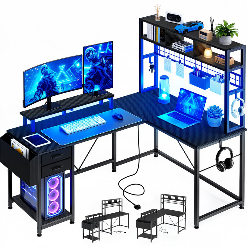 Metal Base Computer Desk with Power Outlet, Black