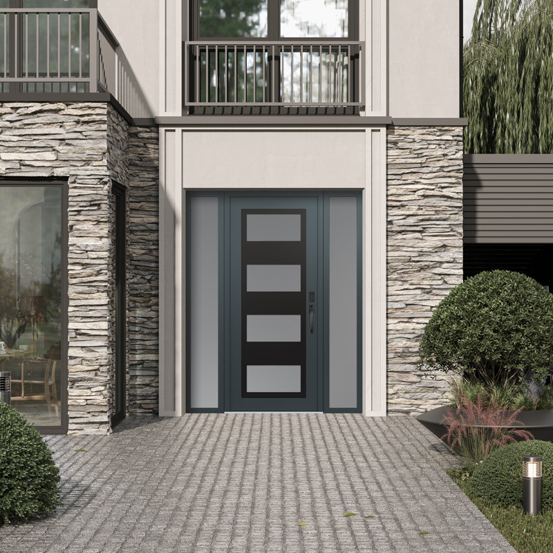 Panneau d'entrée en acier noir anthracite / anthracite avec 2 panneaux latéraux pré-suspendus, L 60 po x H 80 po, Gelé