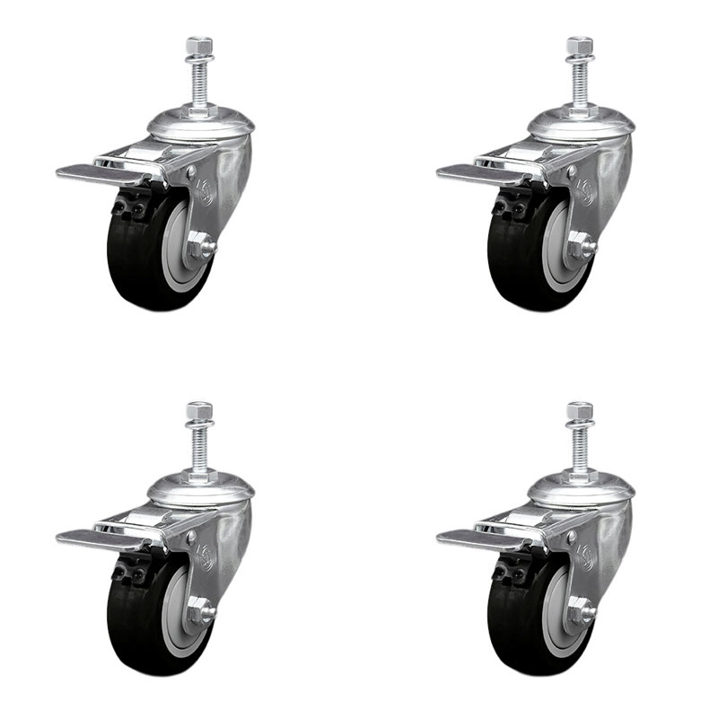 Ensemble de roulettes à tige filetée en polyuréthane 3 pouces 10mm, Gris
