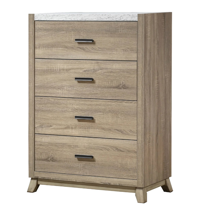Commode haute Tily, 4 tiroirs, plateau en fausse pierre blanche, brun