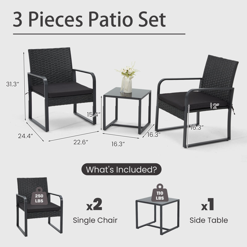  Ensemble 3 pièces bistro en rotin avec coussins et table basse avec accoudoirs et table basse, Noir, noir, noir, noir