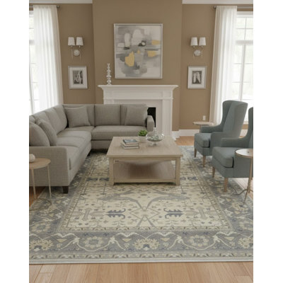 Floral Handmade Hand-Knotted Rectangle 15'2" x 12' Wool Area Rug in Grey