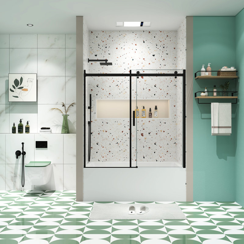 Sliding Bathtub Door, 5/16" Tempered Glass, Matted Black, High Technology Black Shower Door For Bathtub, Comfortable Feeling